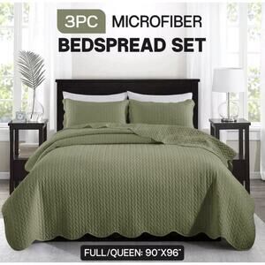 Quilt Bedspead In Full/Queen Size Light Weight In Olive Green Machine Washable